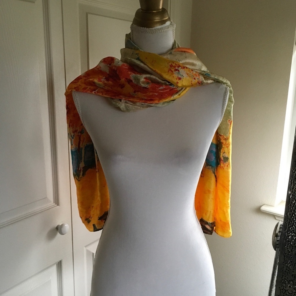 Orange, gold and teal scarf - Picture 3 of 3